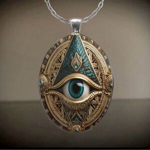 Teal and Gold All-Seeing Eye Pendant Necklace